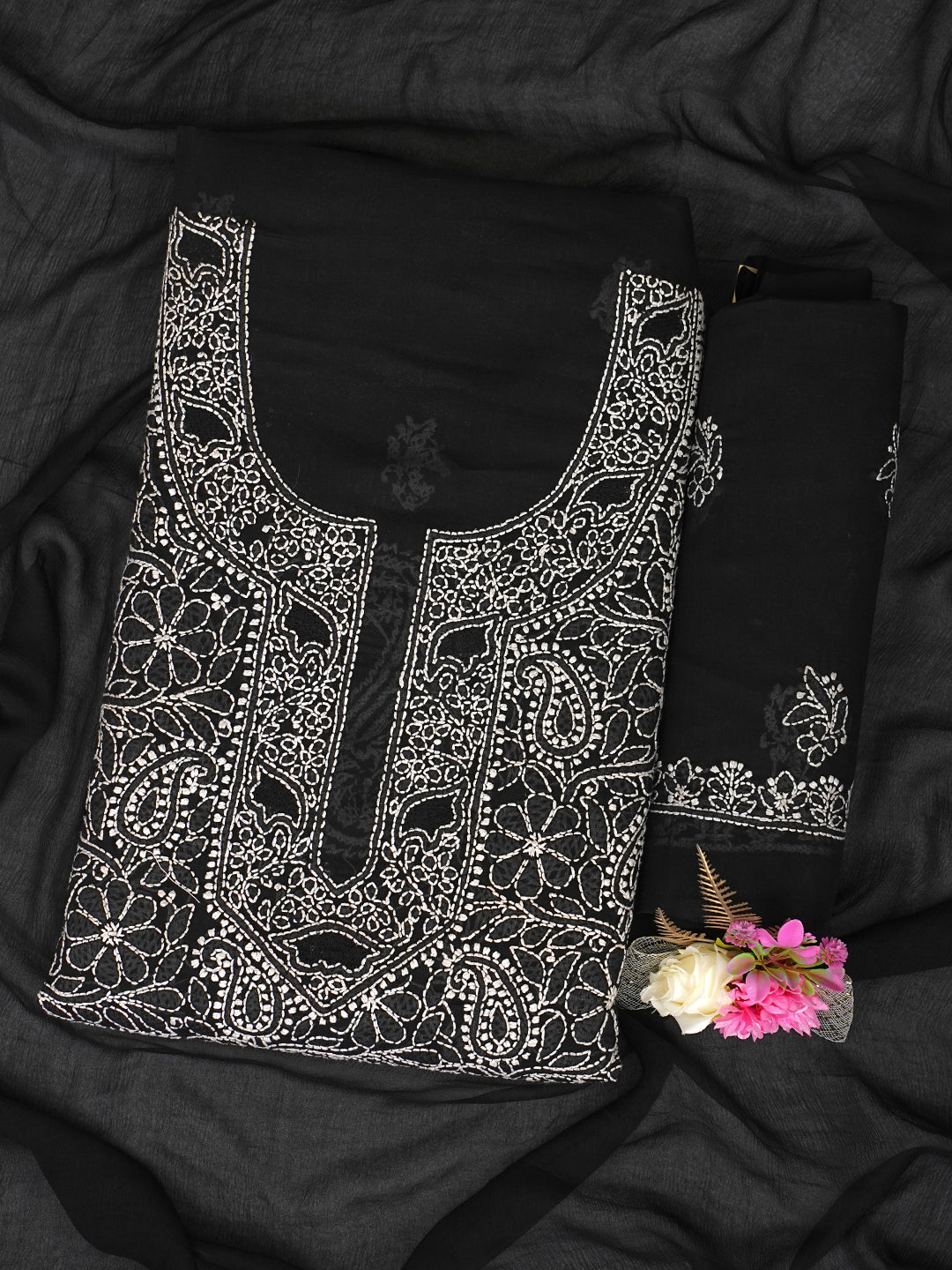 Ada Hand Embroidered Black Cotton Lucknowi Chikankari Unstitched Suit Piece With Chiffon Dupatta 01A1007020