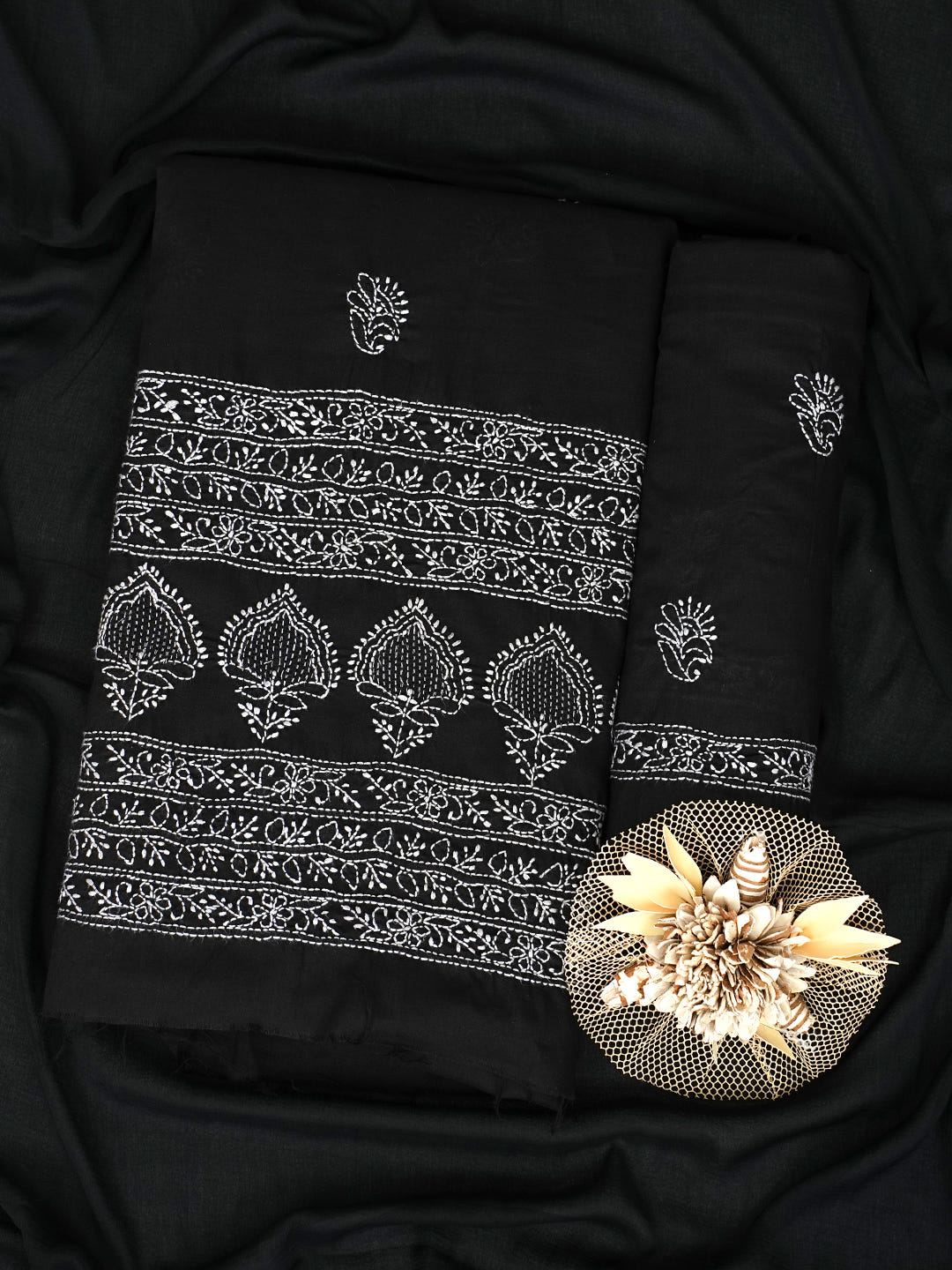 Ada Hand Embroidered Black Cotton Lucknowi Chikankari Unstitched Suit Piece With Chiffon Dupatta 01A981120_1