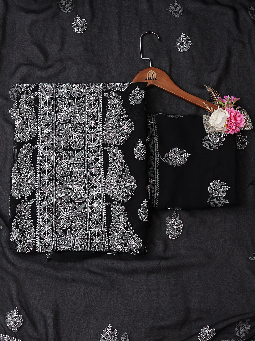 Ada Hand Embroidered Black Faux Georgette Lucknowi Chikankari Unstitched Suit Piece 01A933095
