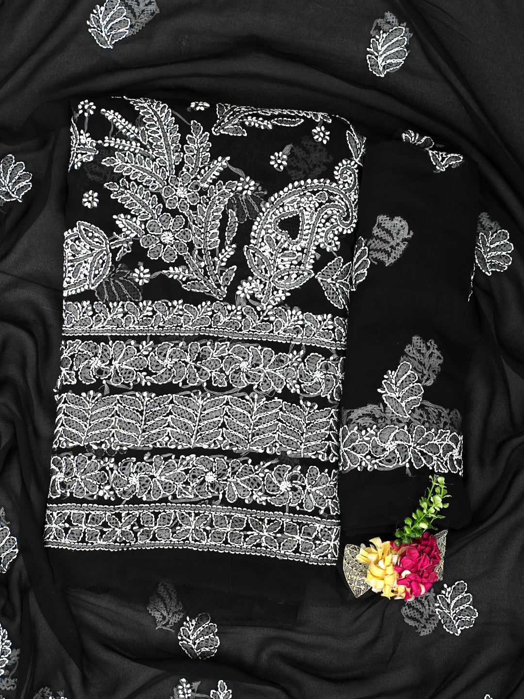 Ada Hand Embroidered Black Faux Georgette Lucknowi Chikankari Unstitched Suit Piece 01A977891