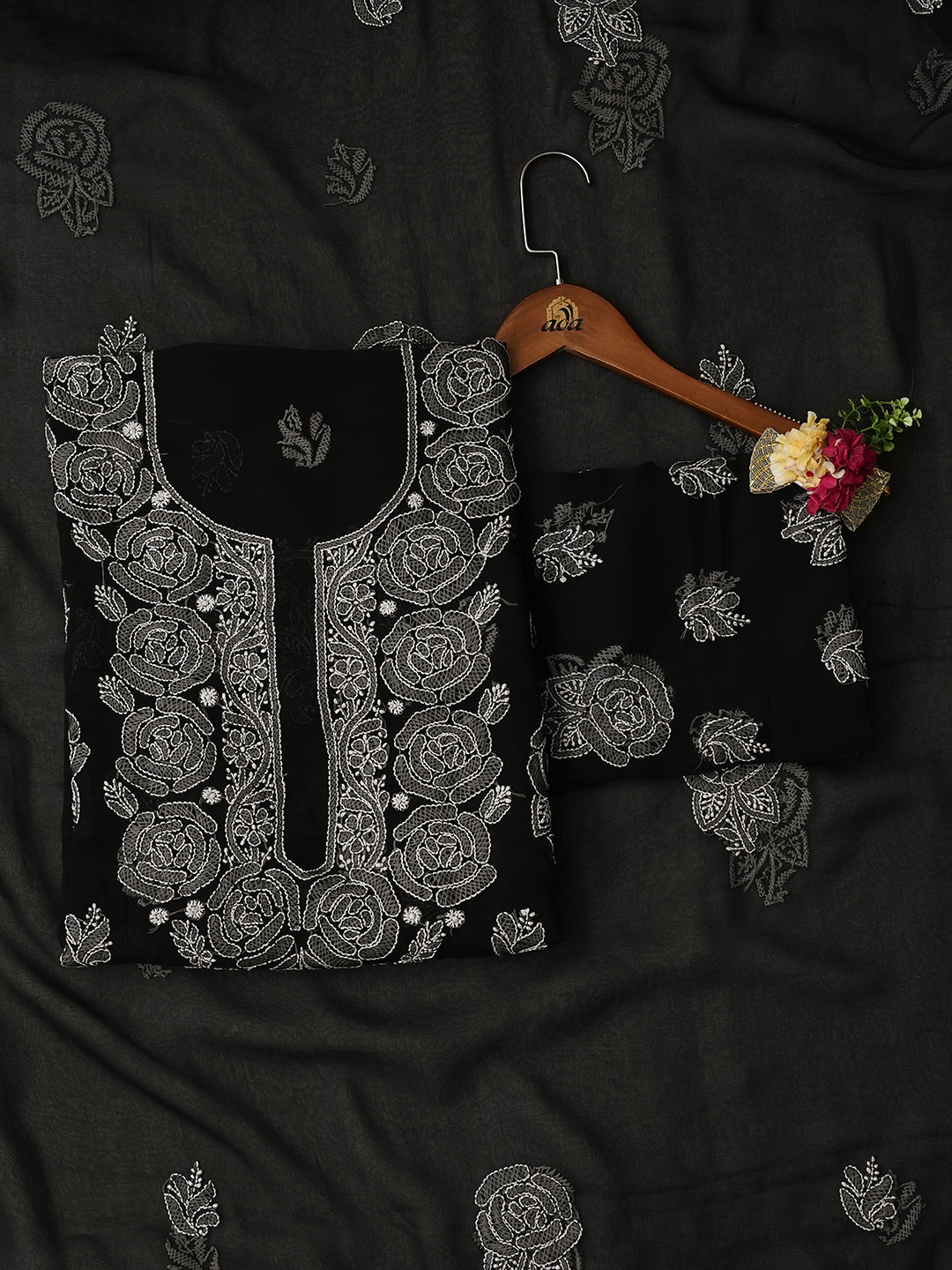 Ada Hand Embroidered Black Faux Georgette Lucknowi Chikankari Unstitched Suit Piece 01A996965