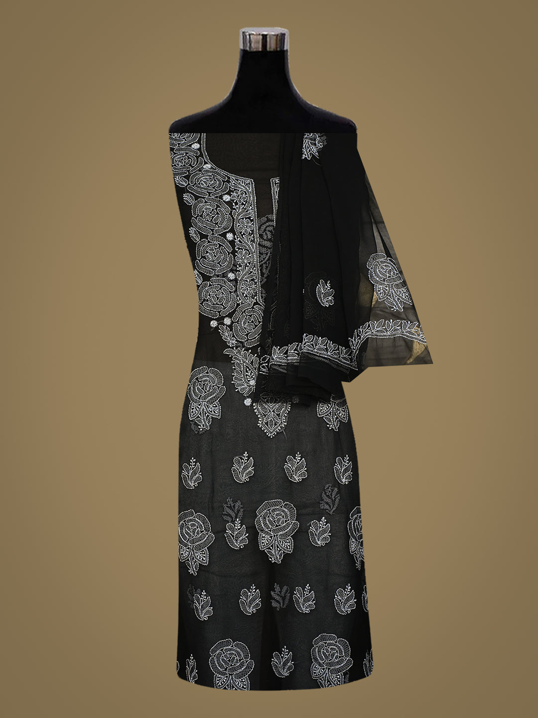 Ada Hand Embroidered Black Faux Georgette Lucknowi Chikankari Unstitched Suit Piece 01A996965