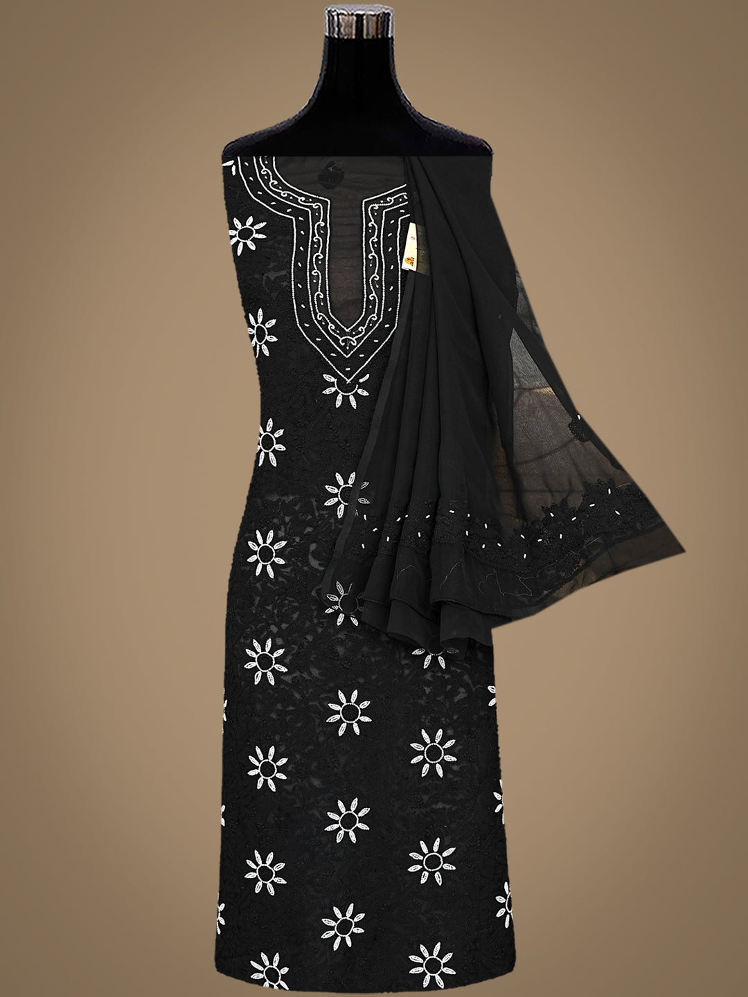Ada Hand Embroidered Black Faux Georgette Lucknowi Chikankari Unstitched Suit Piece With Pearl Work 01A998098