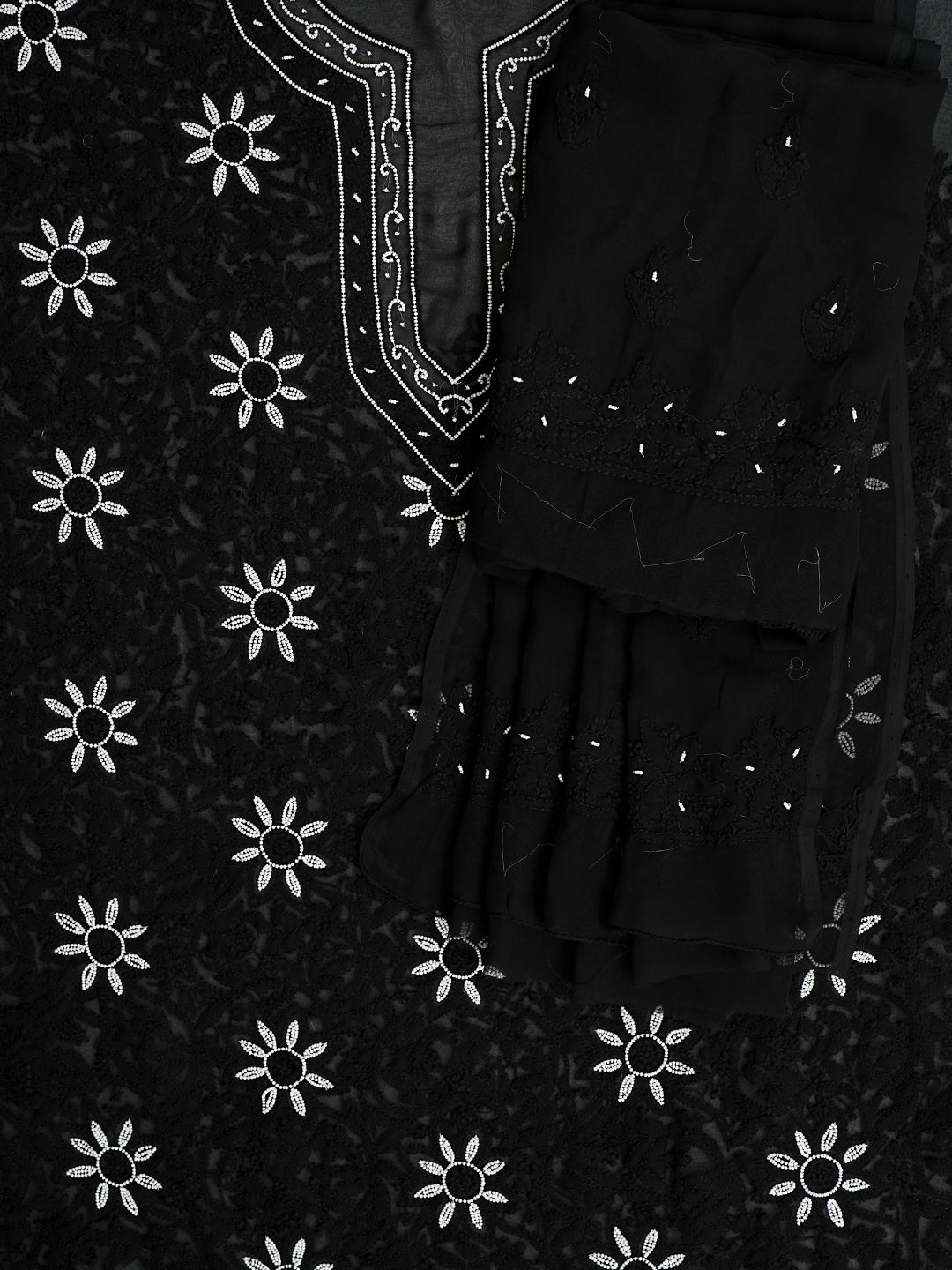 Ada Hand Embroidered Black Faux Georgette Lucknowi Chikankari Unstitched Suit Piece With Pearl Work 01A998098