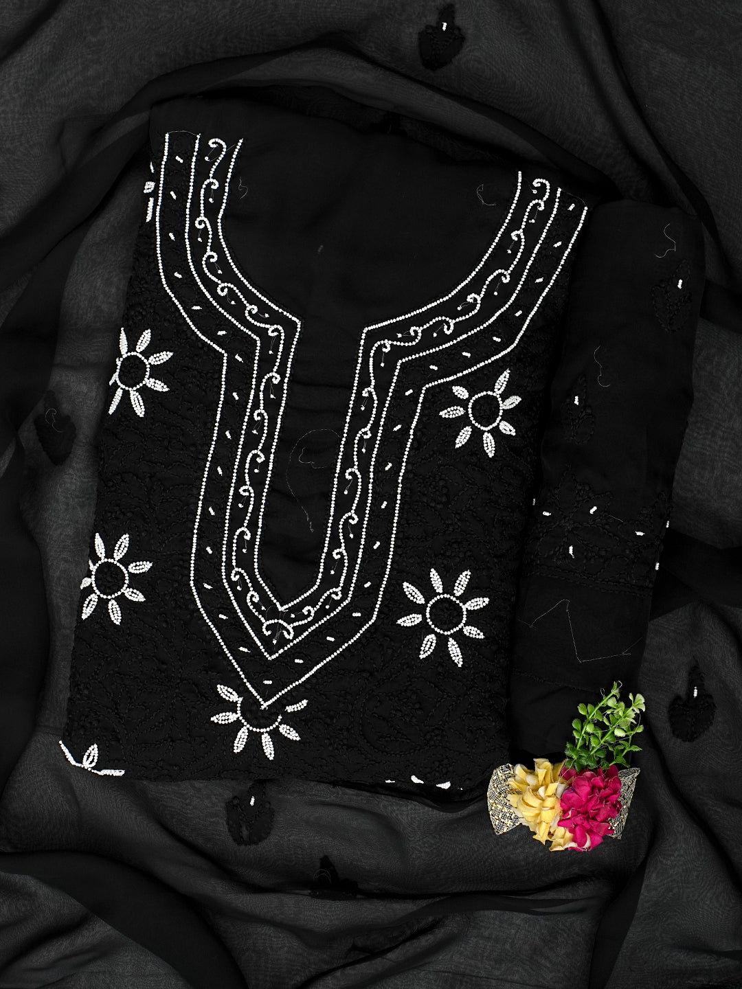 Ada Hand Embroidered Black Faux Georgette Lucknowi Chikankari Unstitched Suit Piece With Pearl Work 01A998098