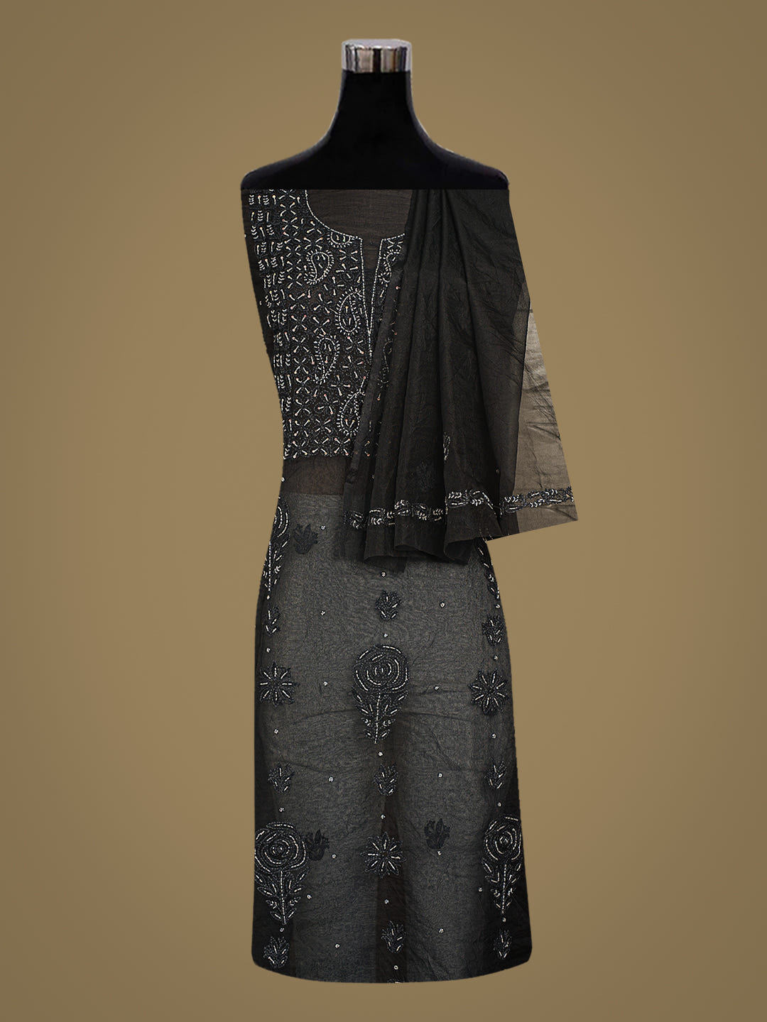 Ada Hand Embroidered Black Oraganza Lucknowi Chikankari Unstitched Kurta Dupatta Set With Cutdana Work 07A502719