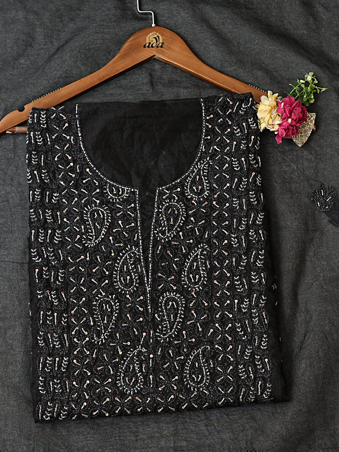 Ada Hand Embroidered Black Oraganza Lucknowi Chikankari Unstitched Kurta Dupatta Set With Cutdana Work 07A502719