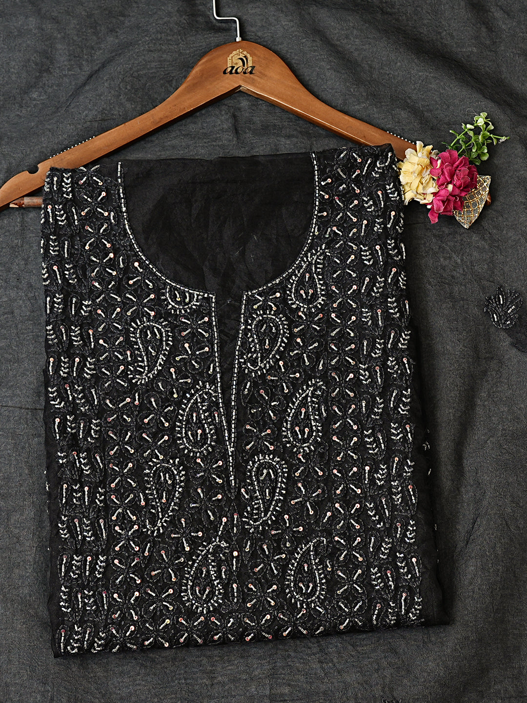 Ada Hand Embroidered Black Oraganza Lucknowi Chikankari Unstitched Kurta Dupatta Set With Cutdana Work 07A502719