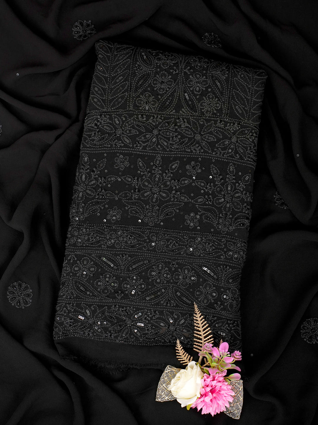 Ada Black Pure Georgette Unstitched Kurta Dupatta Set_1
