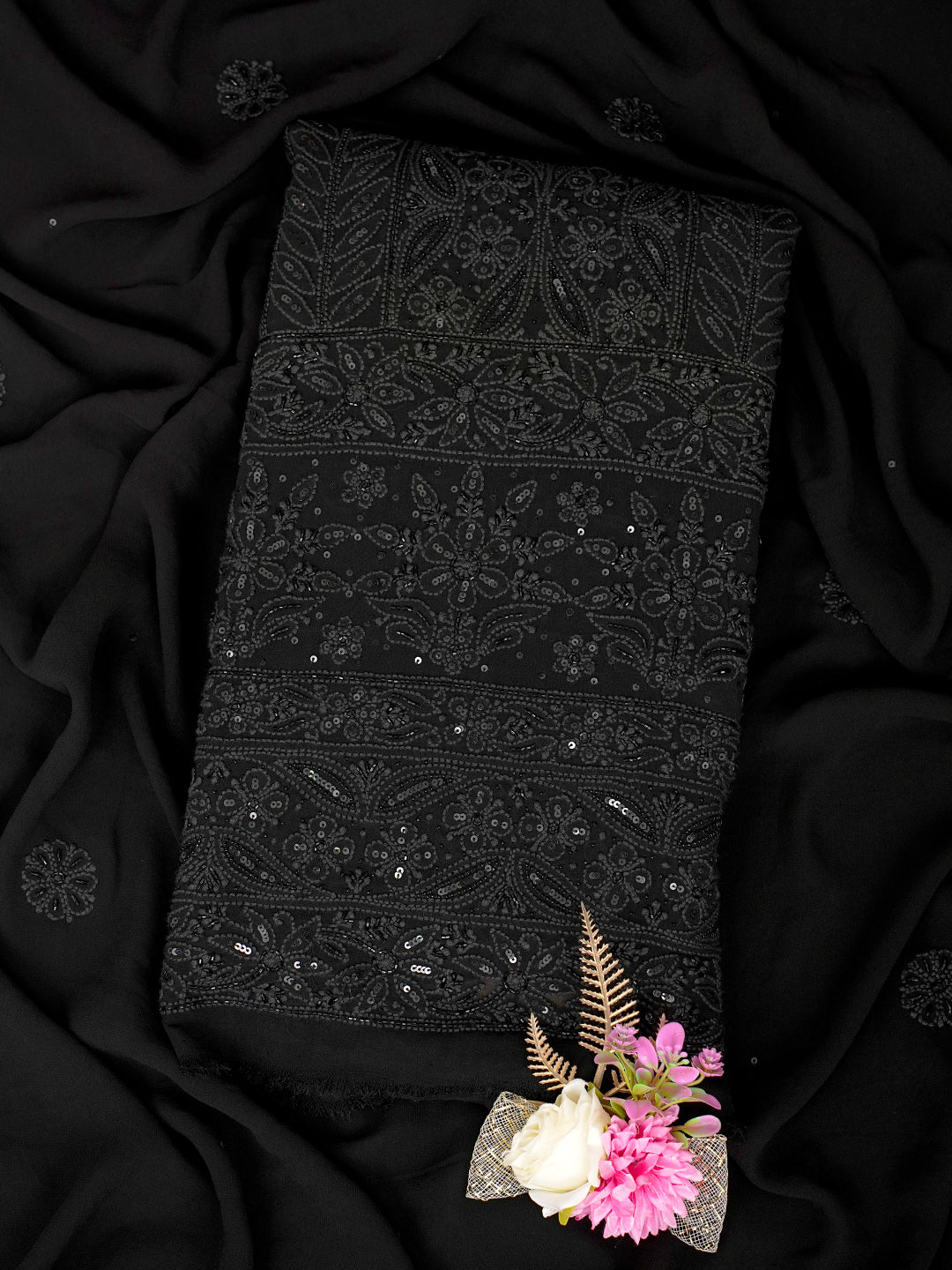 Ada Black Pure Georgette Unstitched Kurta Dupatta Set_1
