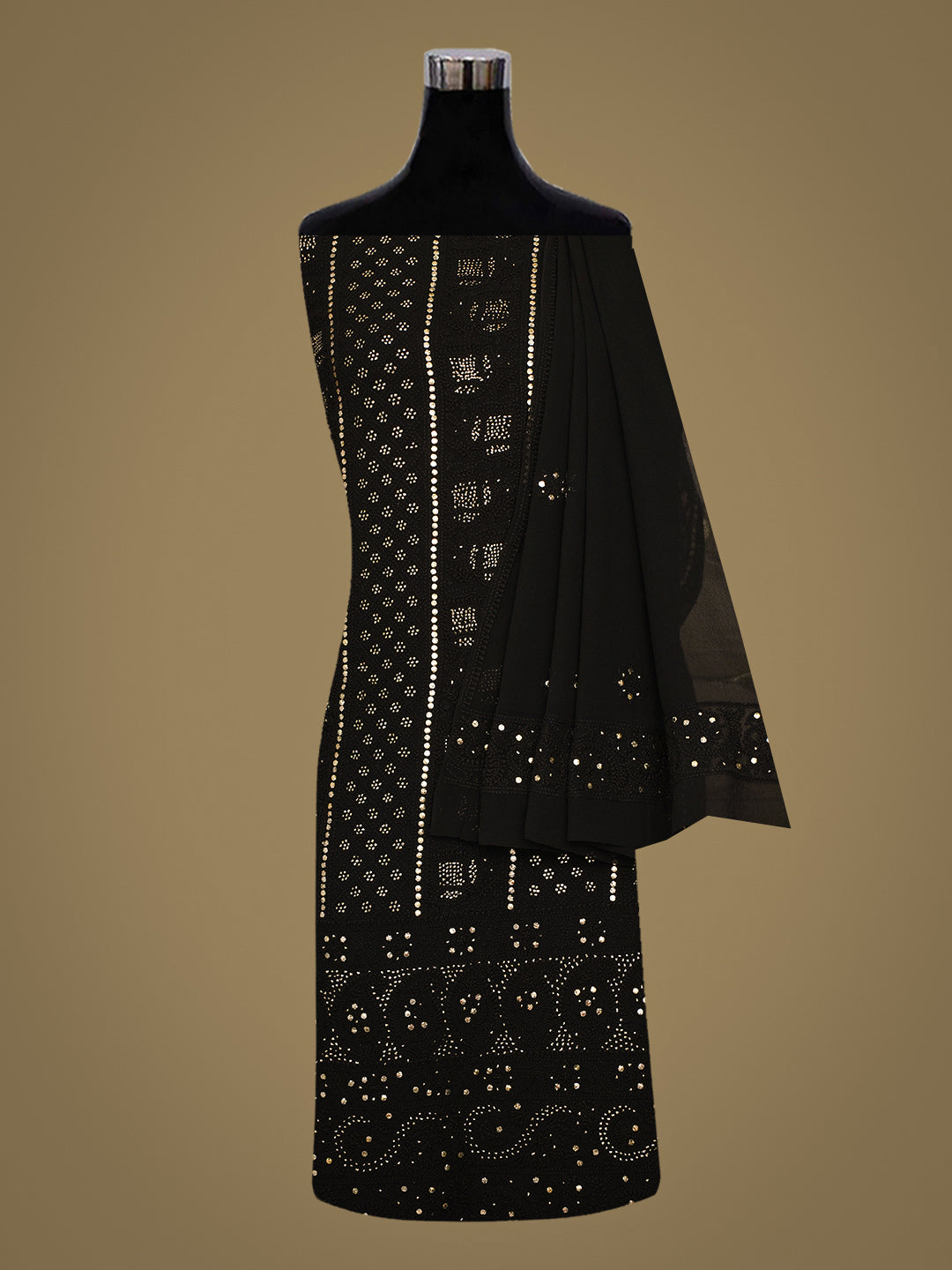 Ada Hand Embroidered Black Pure Georgette Lucknowi Chikankari Unstitched Kurta Dupatta Set With Muqaish/Mukaish Work 01A365434