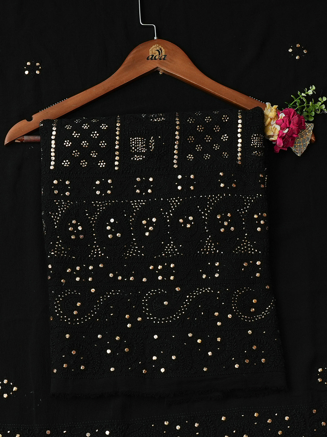 Ada Hand Embroidered Black Pure Georgette Lucknowi Chikankari Unstitched Kurta Dupatta Set With Muqaish/Mukaish Work 01A365434