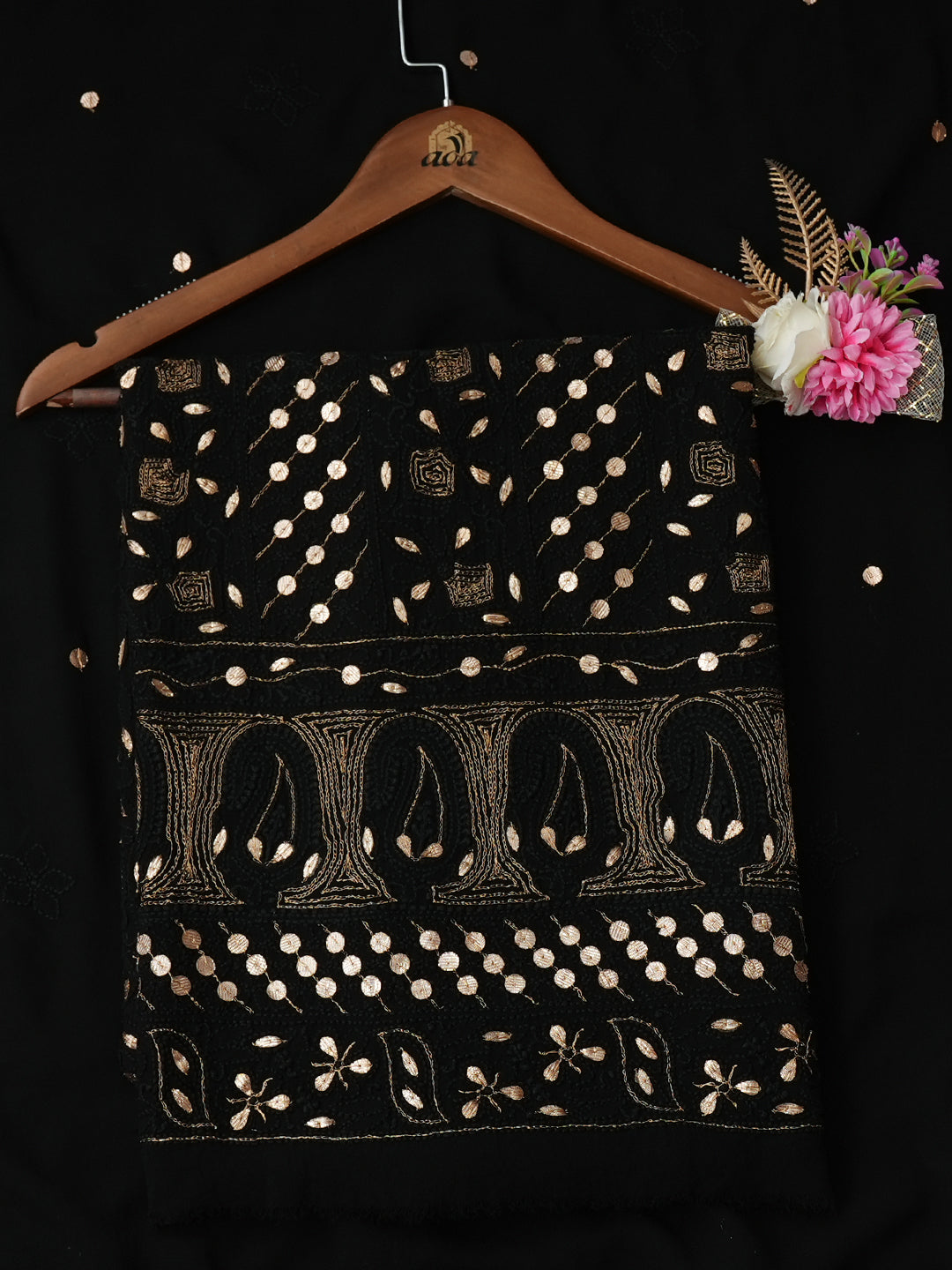 Ada Hand Embroidered Black Viscose Georgette Lucknowi Chikankari Unstitched Kurta Dupatta Set With Gota Patti Work 01A984156