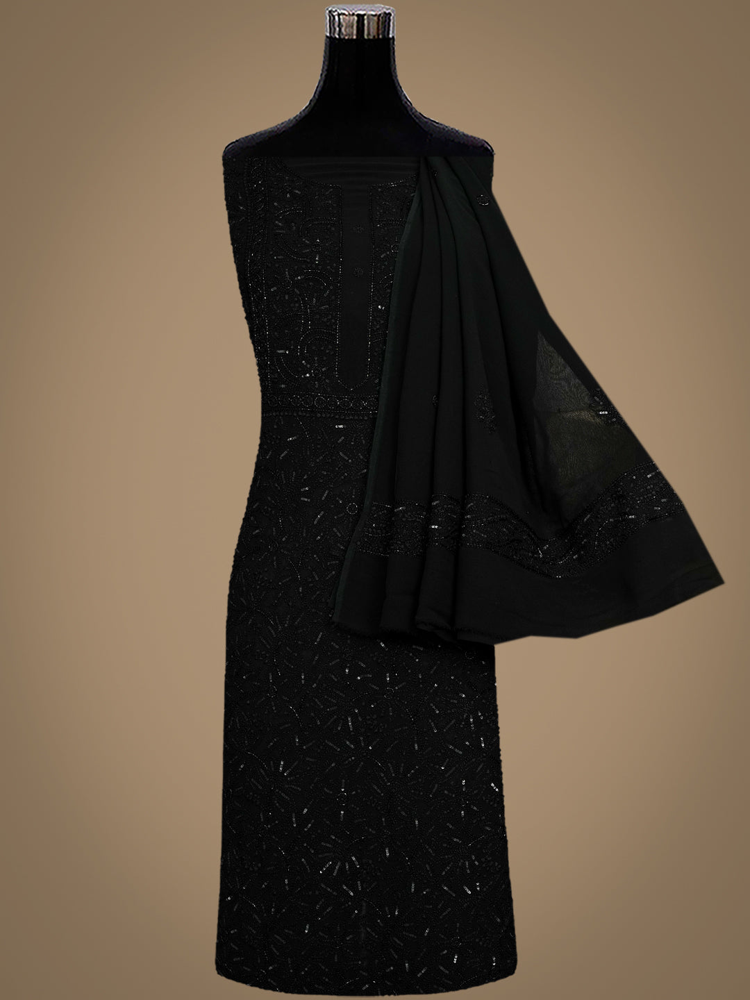 Ada Hand Embroidered Black Viscose Georgette Lucknowi Chikankari Unstitched Kurta Dupatta Set with Cutdana Work 01A946292