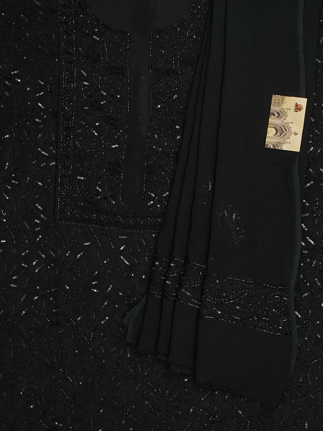 Ada Hand Embroidered Black Viscose Georgette Lucknowi Chikankari Unstitched Kurta Dupatta Set with Cutdana Work 01A946292
