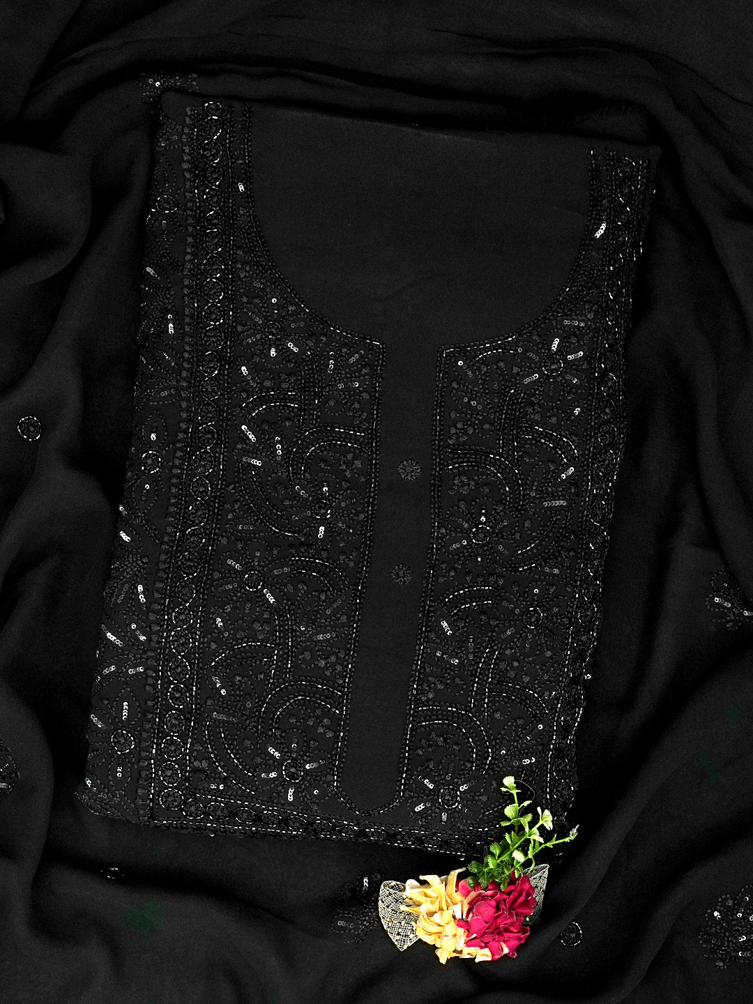 Ada Hand Embroidered Black Viscose Georgette Lucknowi Chikankari Unstitched Kurta Dupatta Set with Cutdana Work 01A946292