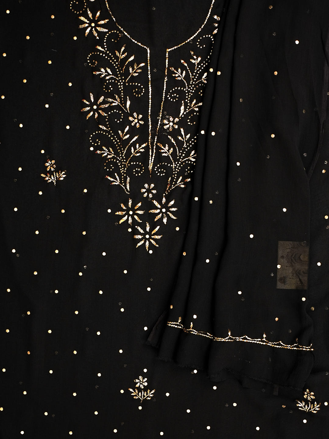 Ada Hand Embroidered Black Viscose Georgette Unstitched Kurta Dupatta Set With Muqaish/Mukaish Work 01A980002