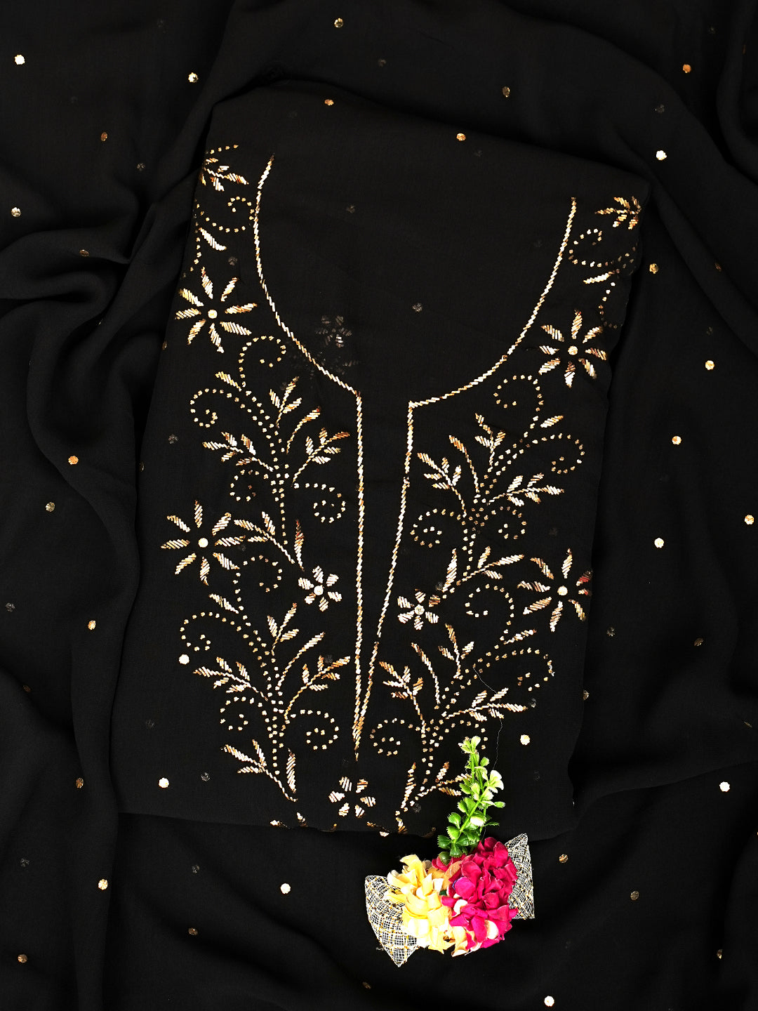 Ada Hand Embroidered Black Viscose Georgette Unstitched Kurta Dupatta With Muqaish/Mukaish Work 01A980002