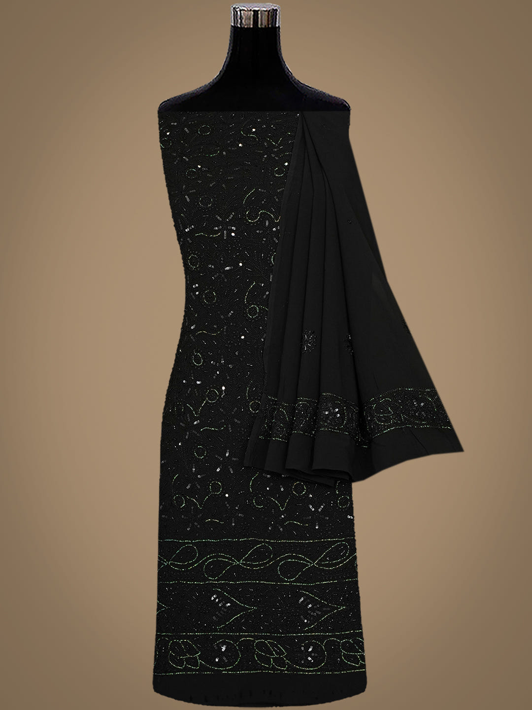 Ada Hand Embroidered Black Viscose Georgette Unstitched Lucknowi Chikankari Kurta Dupatta Set With Cutdana Work 01A553563