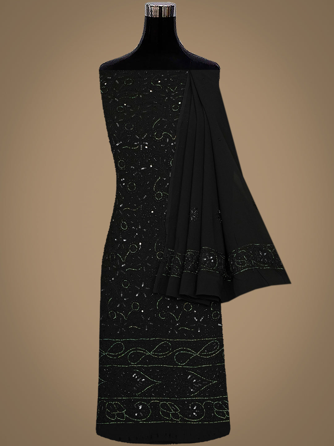 Ada Hand Embroidered Black Viscose Georgette Unstitched Lucknowi Chikankari Kurta Dupatta With Cutdana Work 01A553563