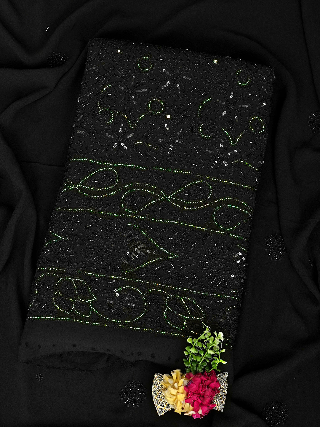 Ada Hand Embroidered Black Viscose Georgette Unstitched Lucknowi Chikankari Kurta Dupatta With Cutdana Work 01A553563