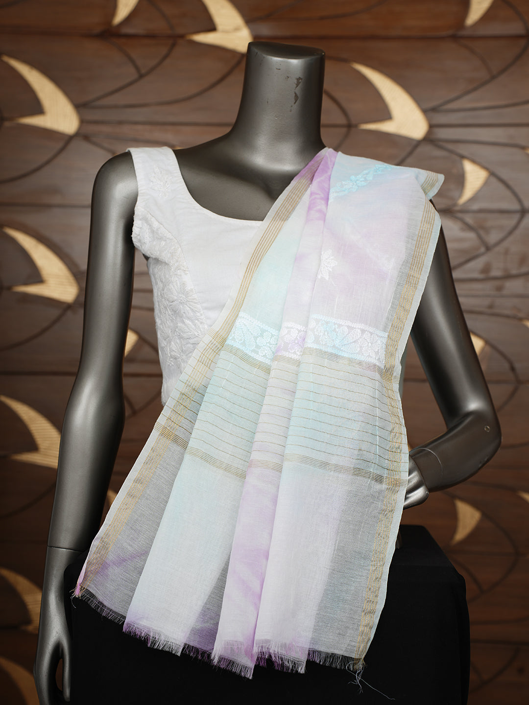 Ada Hand Embroidered Blue Chanderi Lucknowi Chikankari Dupatta 01A1010560_2