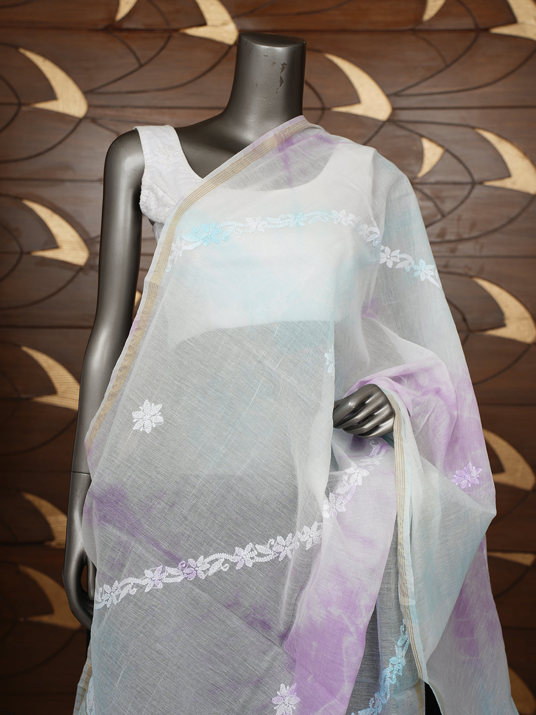 Ada Hand Embroidered Blue Chanderi Lucknowi Chikankari Dupatta 01A1010560_1