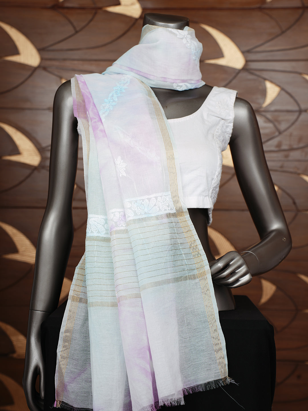 Ada Hand Embroidered Blue Chanderi Lucknowi Chikankari Dupatta 01A1010560_3