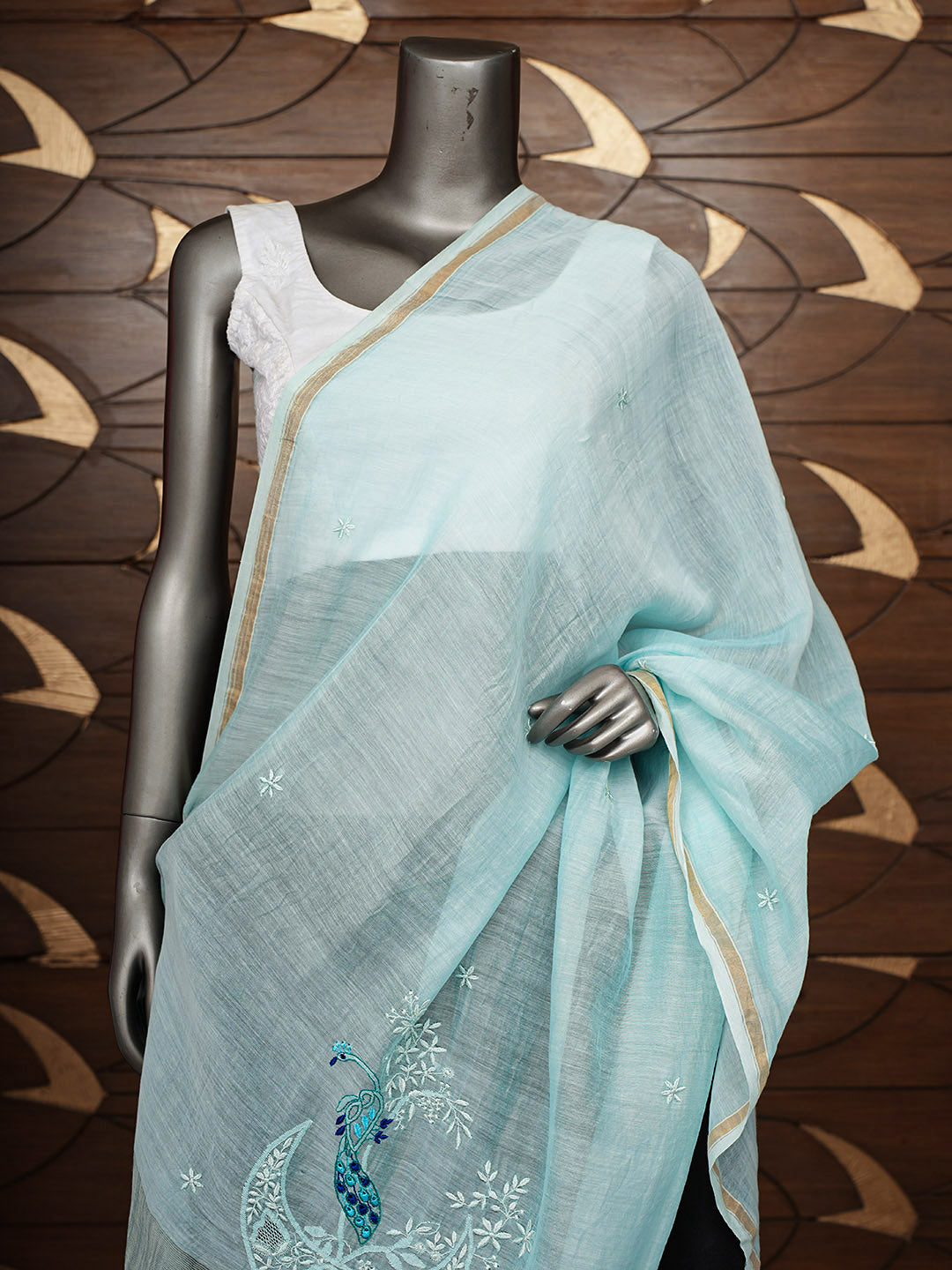 Ada Hand Embroidered Blue Chanderi Lucknowi Chikankari Dupatta 01A947219