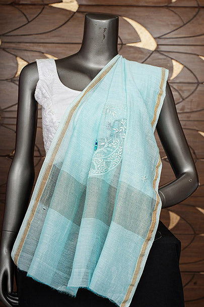Ada Hand Embroidered Blue Chanderi Lucknowi Chikankari Dupatta 01A947219