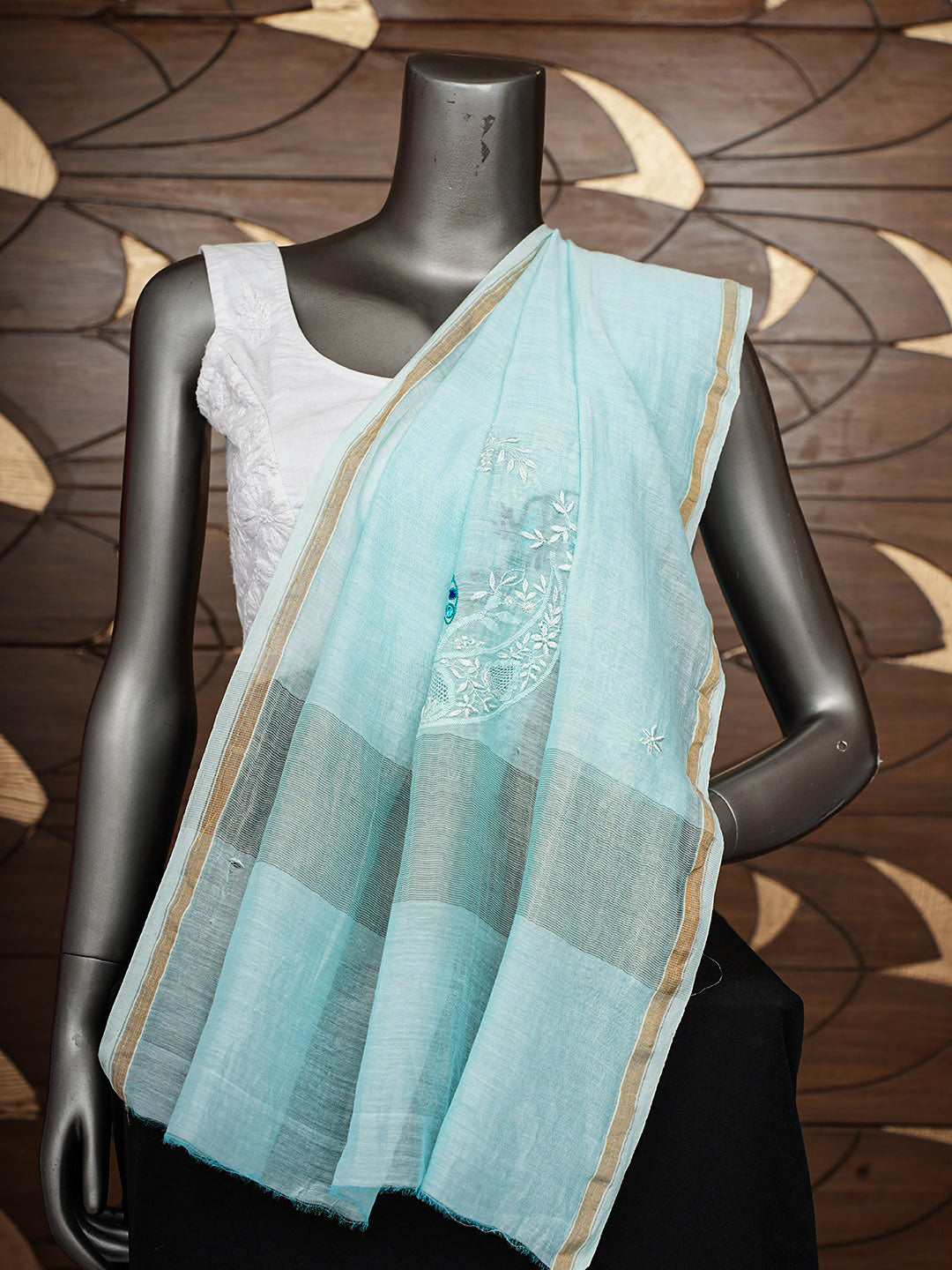 Ada Hand Embroidered Blue Chanderi Lucknowi Chikankari Dupatta 01A947219