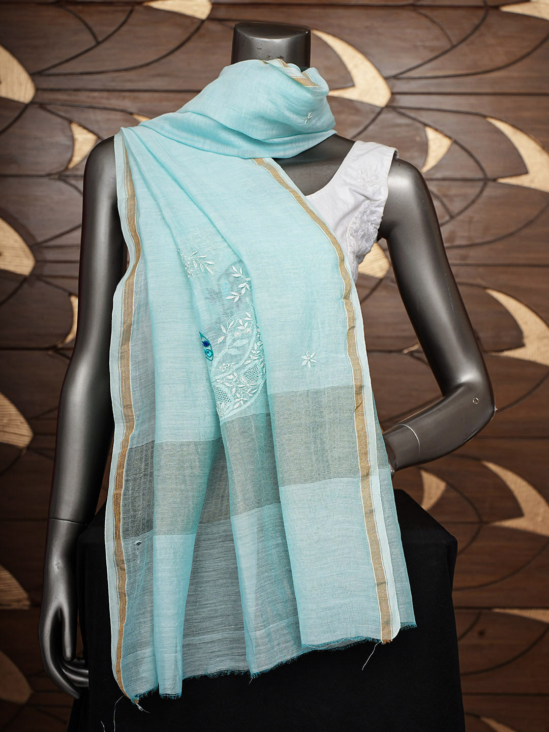 Ada Hand Embroidered Blue Chanderi Lucknowi Chikankari Dupatta 01A947219