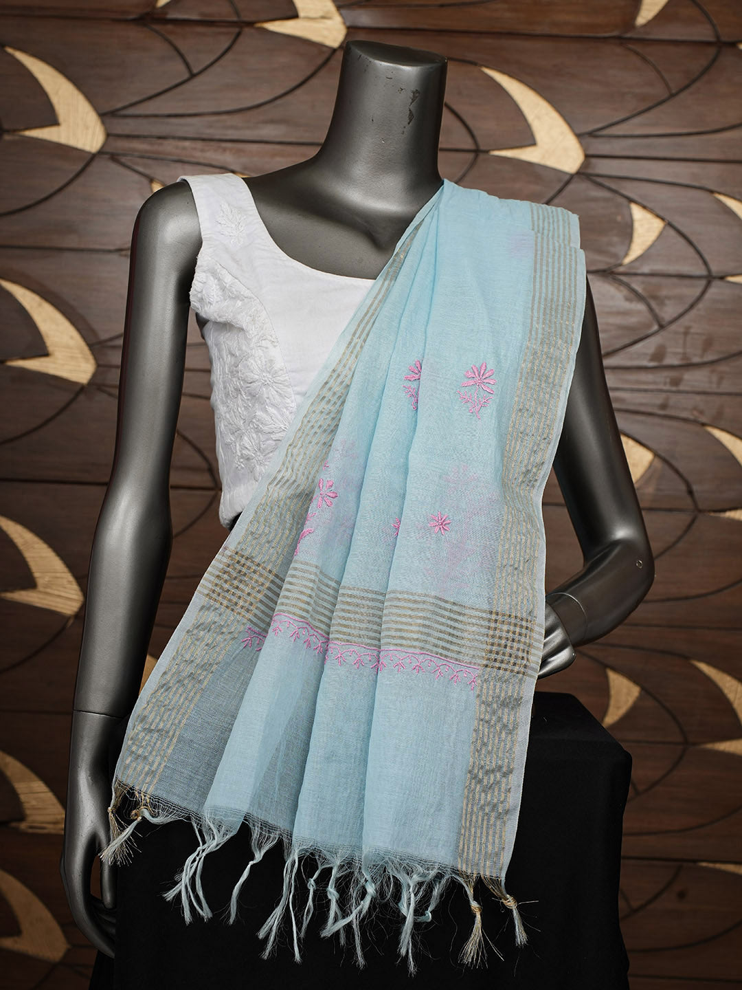 Ada Hand Embroidered Blue Chanderi Lucknowi Chikankari Dupatta 07A501810
