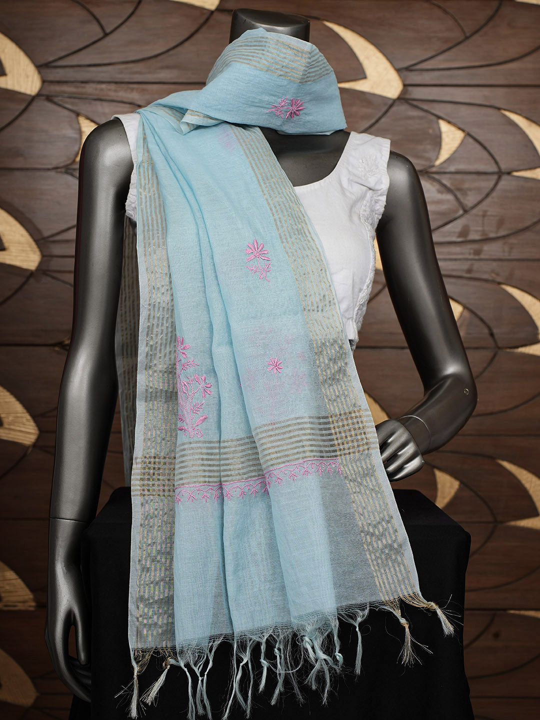 Ada Hand Embroidered Blue Chanderi Lucknowi Chikankari Dupatta 07A501810