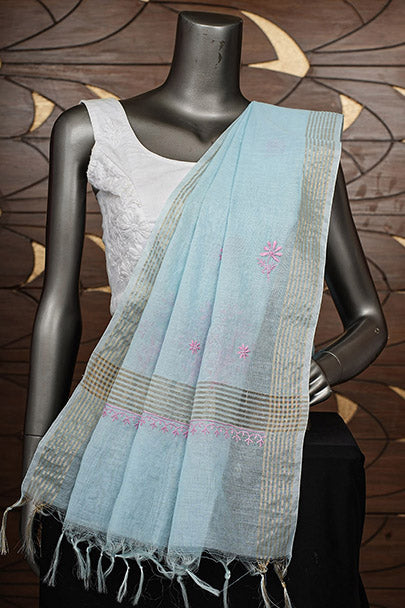 Ada Hand Embroidered Blue Chanderi Lucknowi Chikankari Dupatta 07A501811