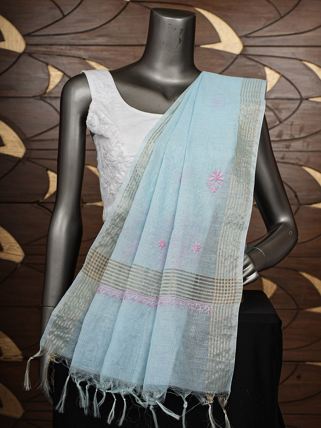 Ada Hand Embroidered Blue Chanderi Lucknowi Chikankari Dupatta 07A501811