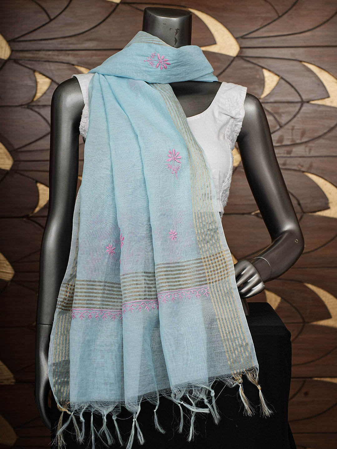 Ada Hand Embroidered Blue Chanderi Lucknowi Chikankari Dupatta 07A501811