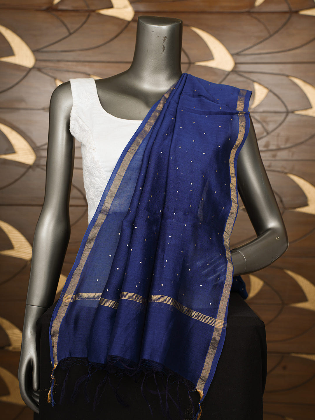 Ada Hand Embroidered Blue Chanderi Lucknowi Chikankari Dupatta With Muqaish/Mukaish Work 01A862764_1