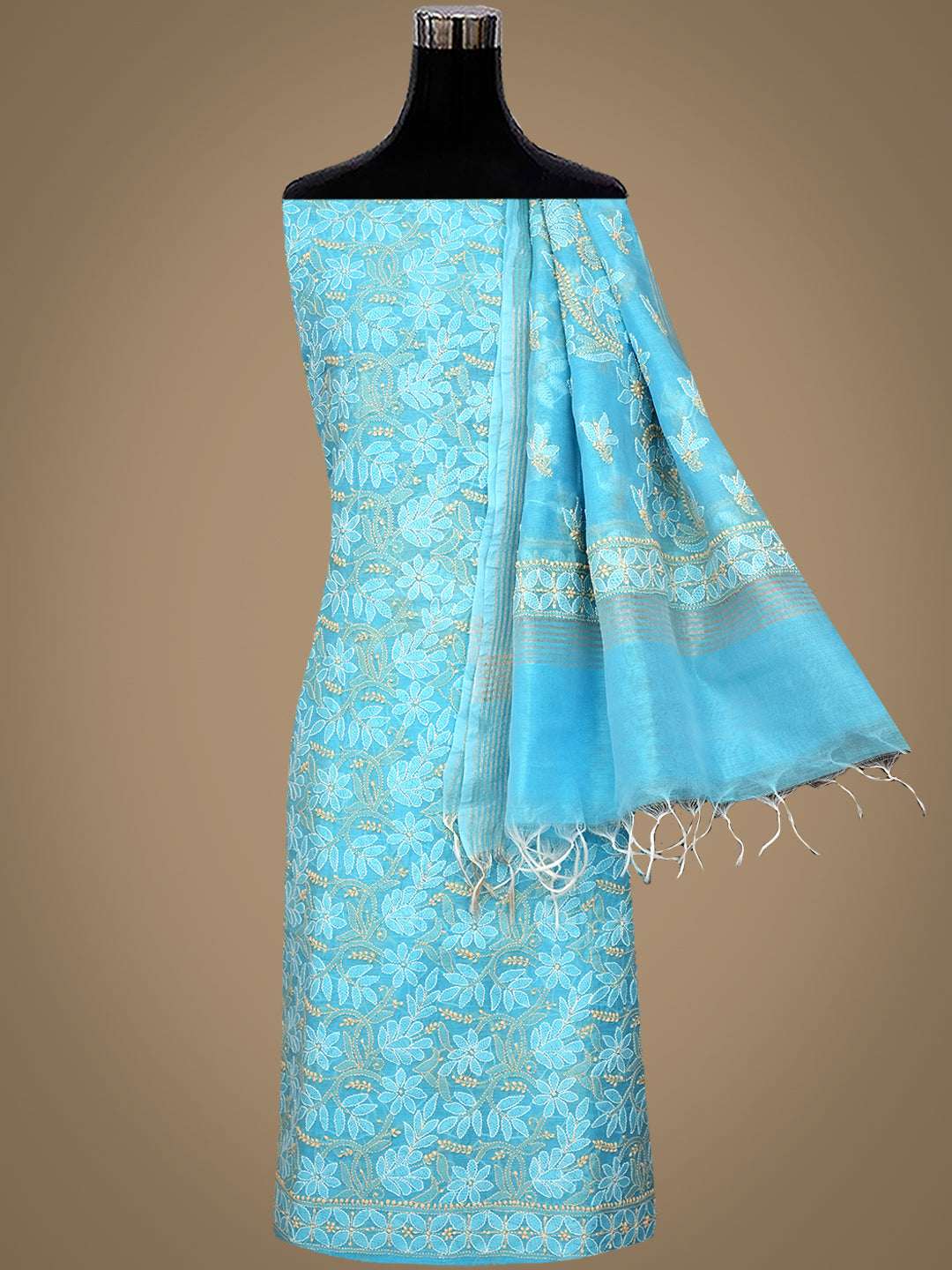 Ada Hand Embroidered Blue Chanderi Lucknowi Chikankari Unstitched Kurta Dupatta Set 01A980137