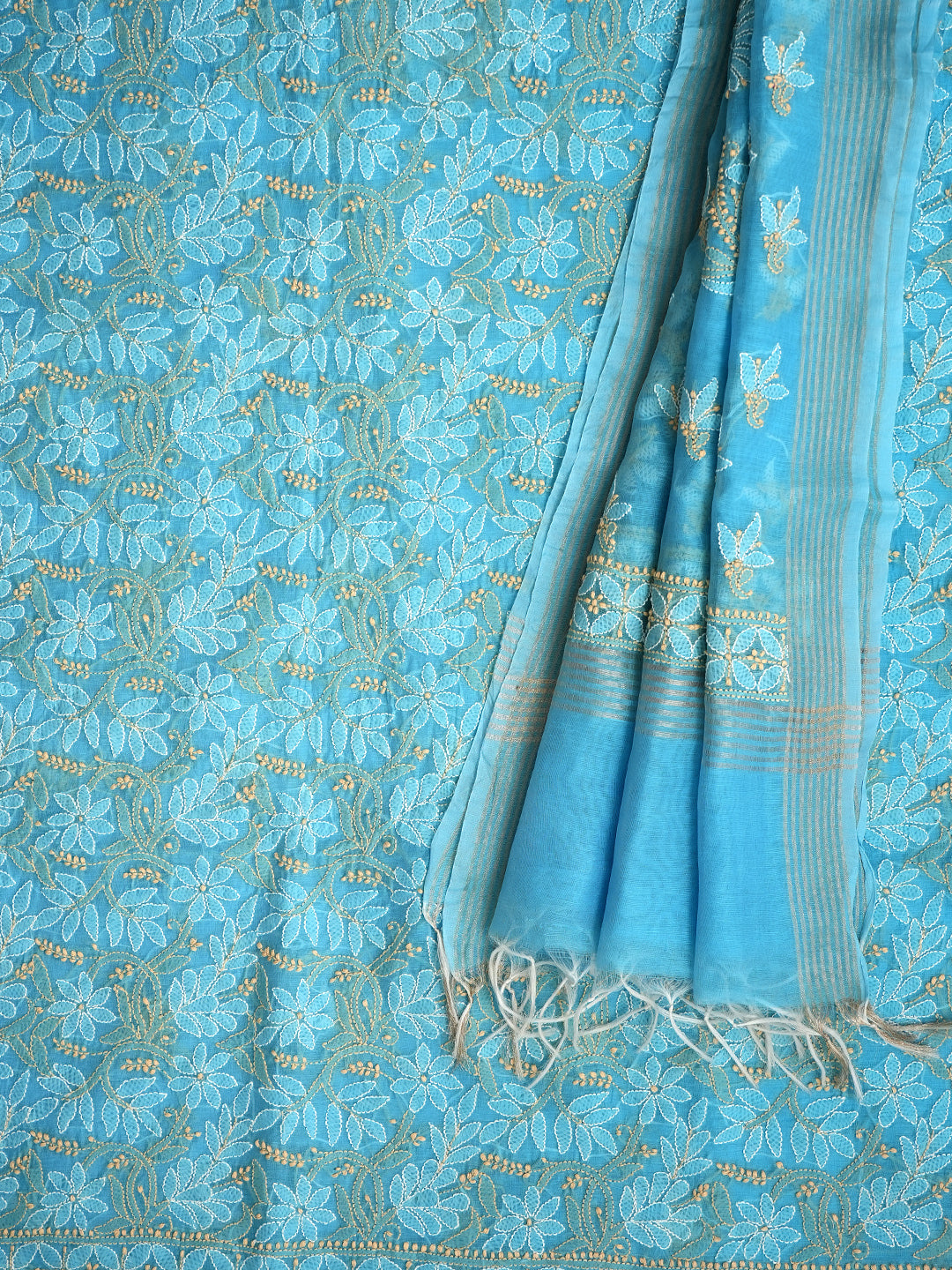 Ada Hand Embroidered Blue Chanderi Lucknowi Chikankari Unstitched Kurta Dupatta Set 01A980137