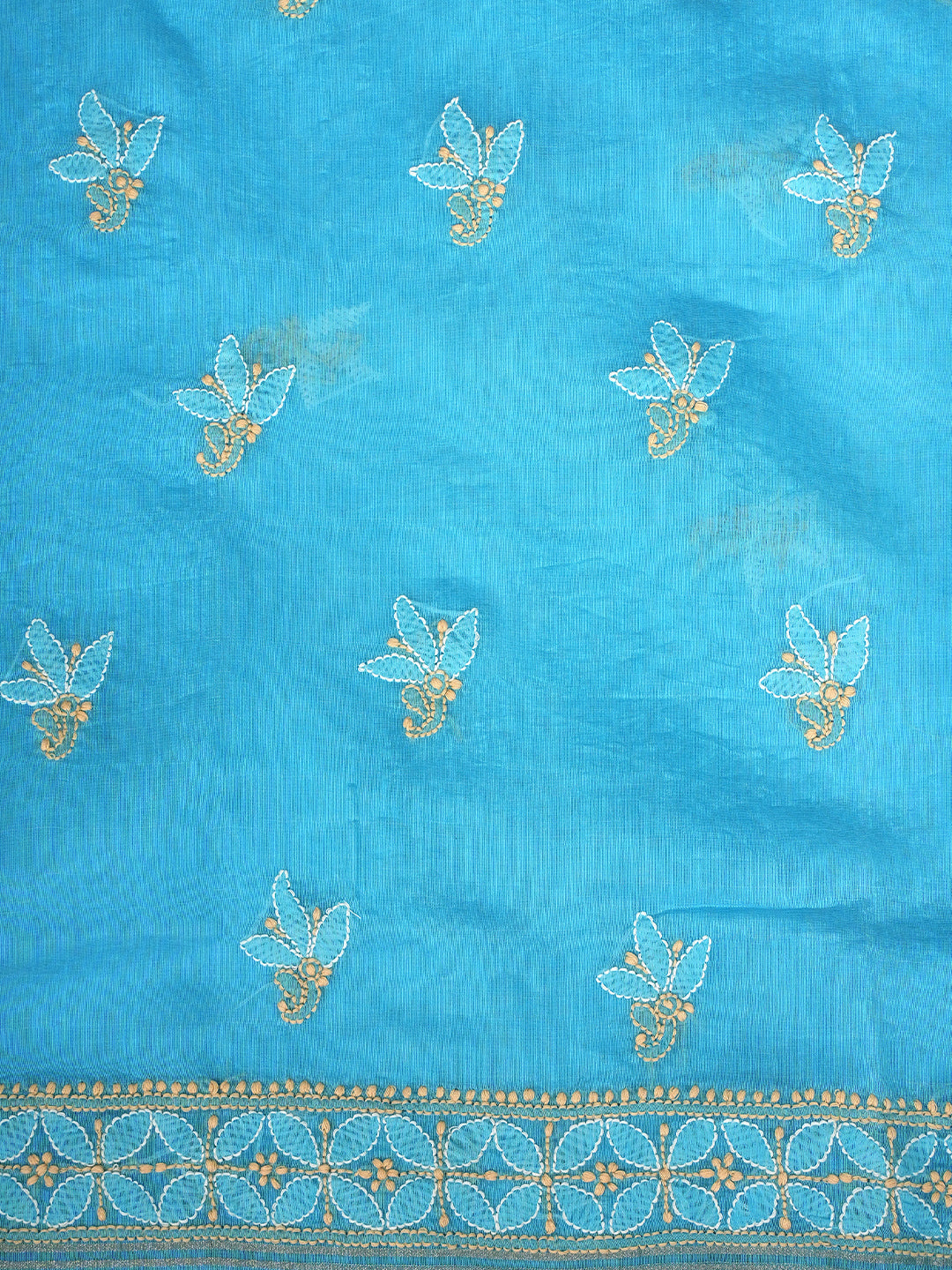 Ada Hand Embroidered Blue Chanderi Lucknowi Chikankari Unstitched Kurta Dupatta Set 01A980137