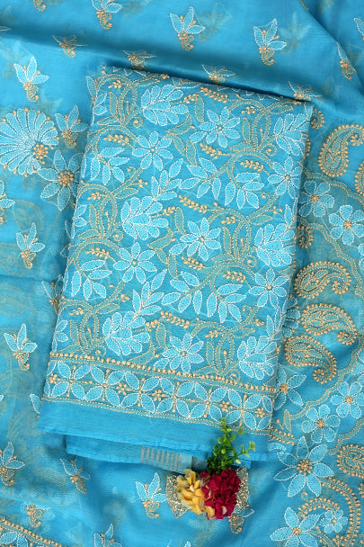 Ada Hand Embroidered Blue Chanderi Lucknowi Chikankari Unstitched Kurta Dupatta Set 01A980137