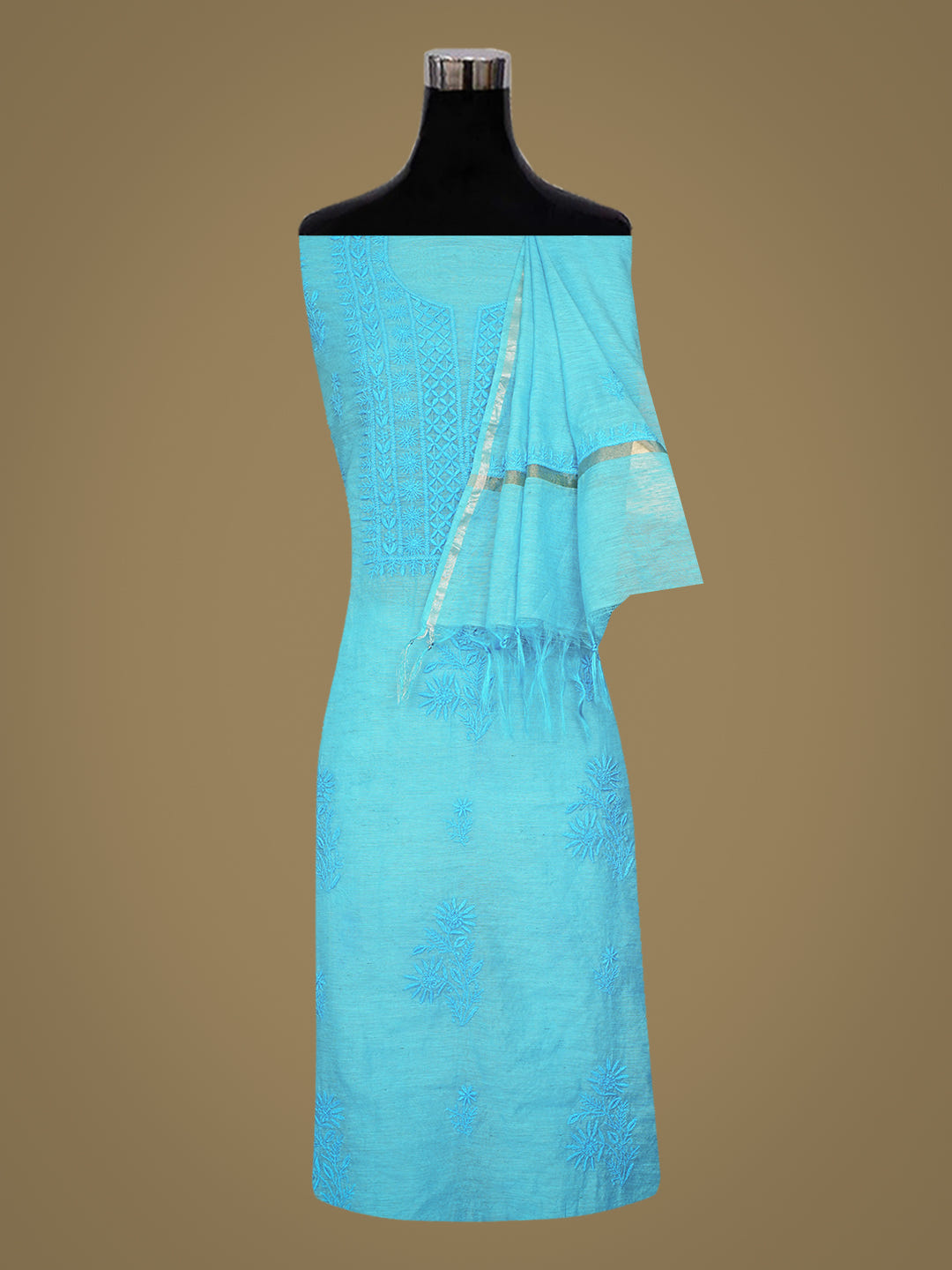 Ada Hand Embroidered Blue Chanderi Lucknowi Chikankari Unstitched Kurta Dupatta Set 07A502906_2