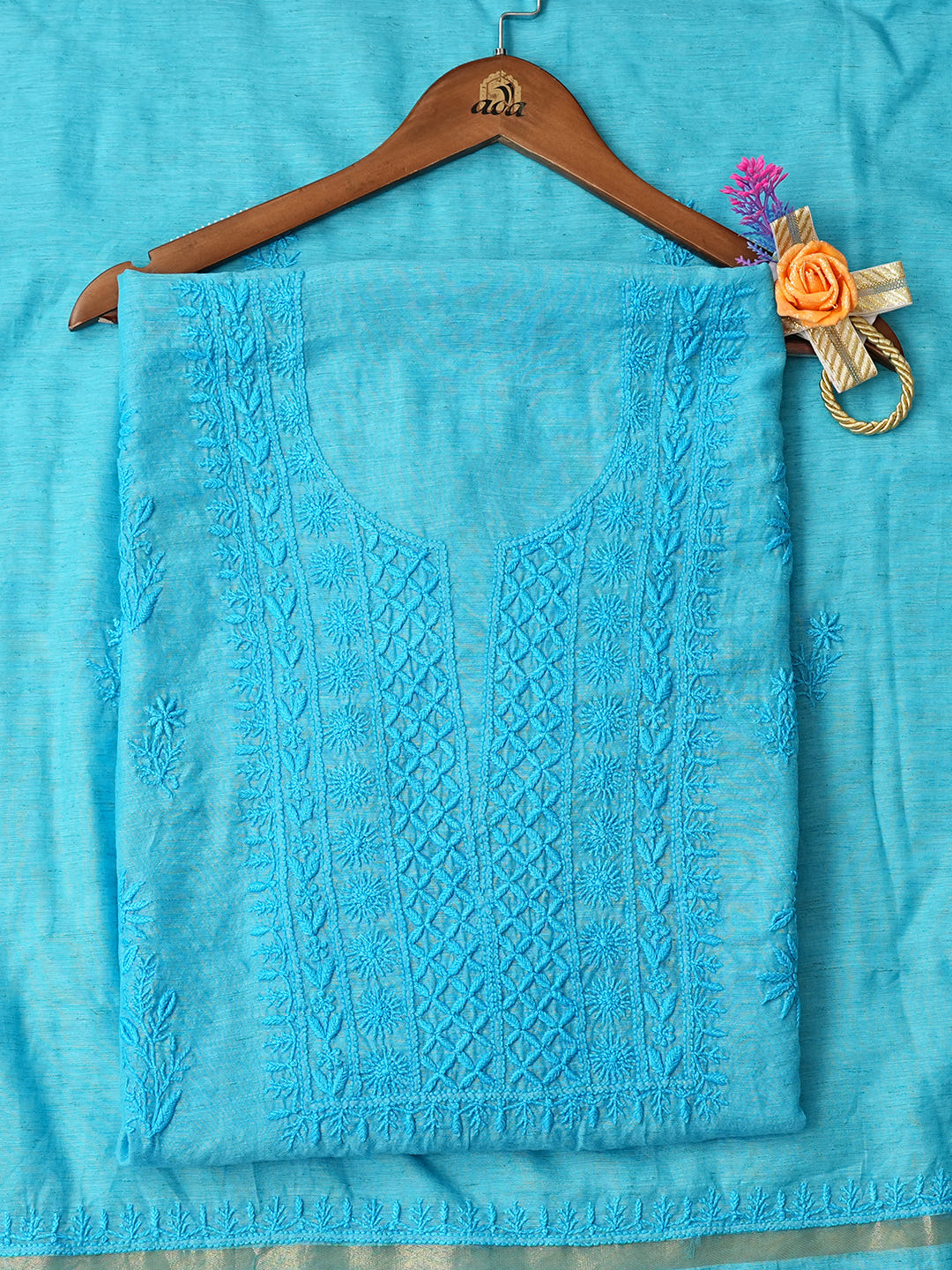 Ada Hand Embroidered Blue Chanderi Lucknowi Chikankari Unstitched Kurta Dupatta Set 07A502906_1