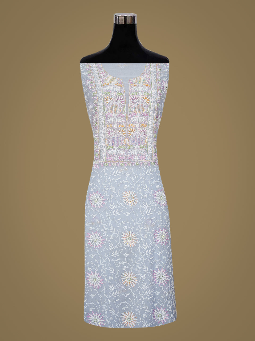 Ada Hand Embroidered Blue Chanderi Lucknowi Chikankari Unstitched Kurta Dupatta Set With Sequinned Work 01A978520