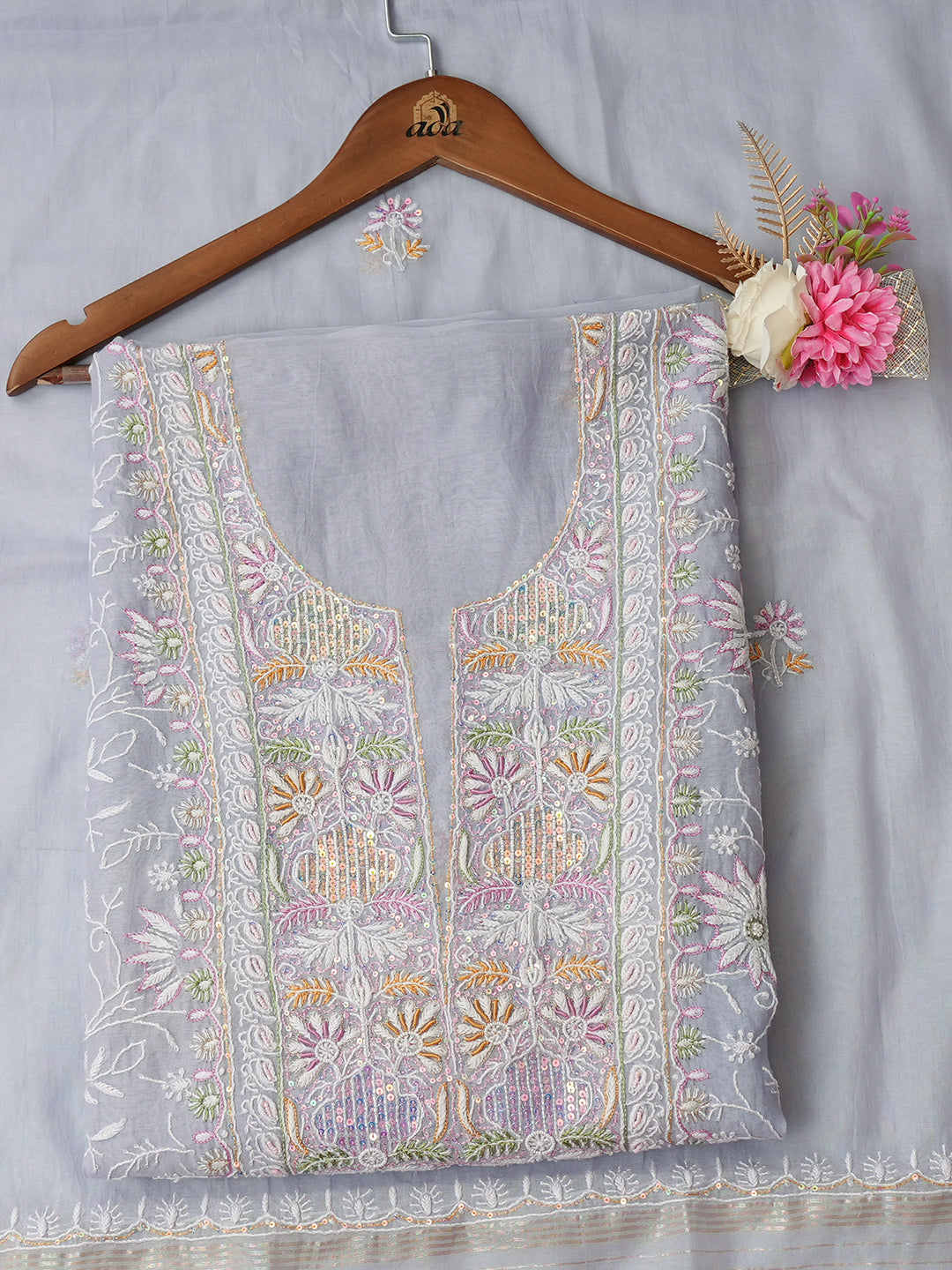 Ada Hand Embroidered Blue Chanderi Lucknowi Chikankari Unstitched Kurta Dupatta Set With Sequinned Work 01A978520