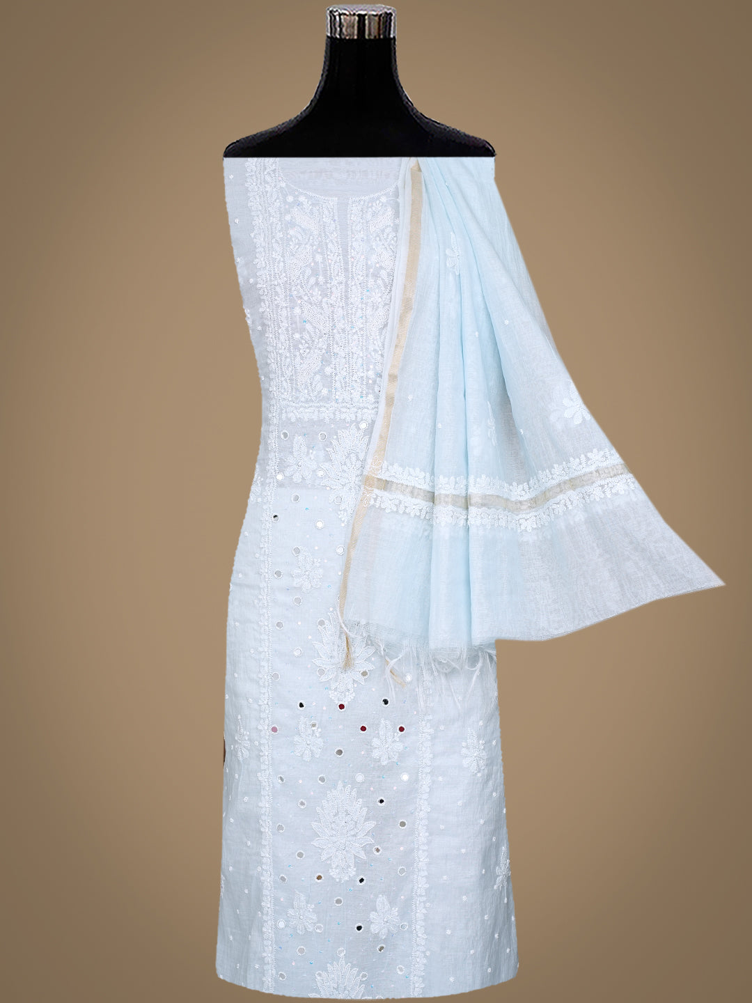 Ada Hand Embroidered Blue Chanderi Lucknowi Chikankari Unstitched Kurta Dupatta Set with Cutdana Work 01A737392