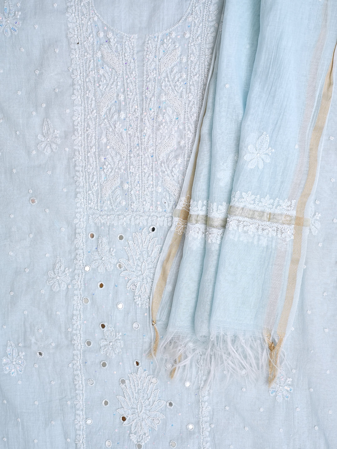 Ada Hand Embroidered Blue Chanderi Lucknowi Chikankari Unstitched Kurta Dupatta Set with Cutdana Work 01A737392