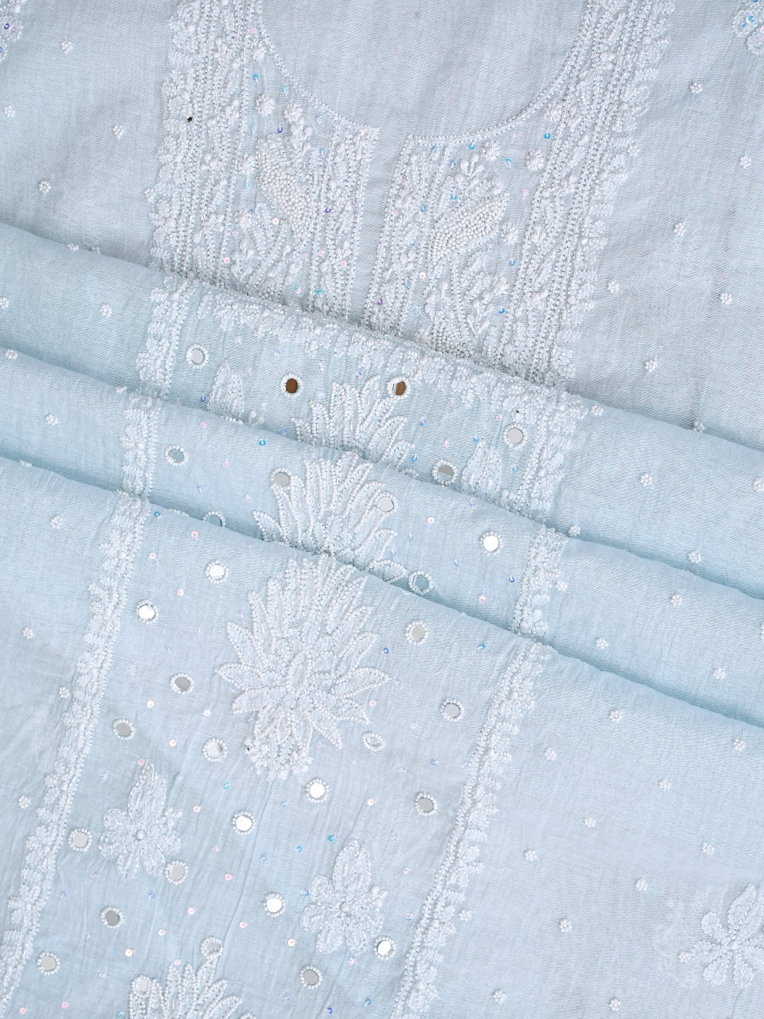Ada Hand Embroidered Blue Chanderi Lucknowi Chikankari Unstitched Kurta Dupatta Set with Cutdana Work 01A737392