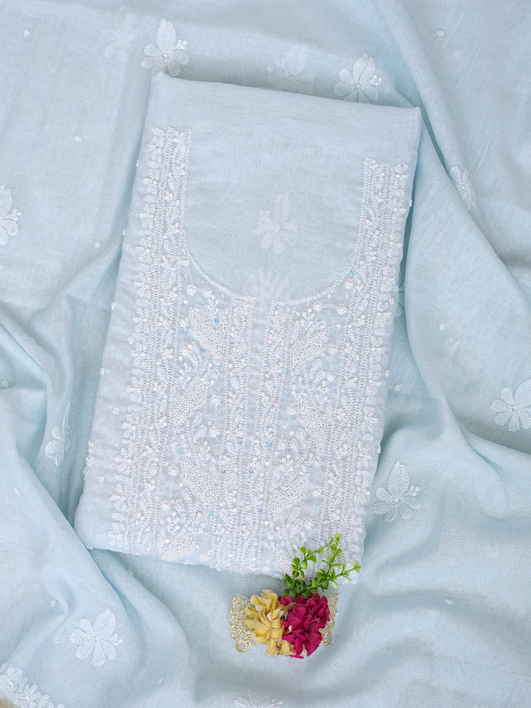 Ada Hand Embroidered Blue Chanderi Lucknowi Chikankari Unstitched Kurta Dupatta Set with Cutdana Work 01A737392